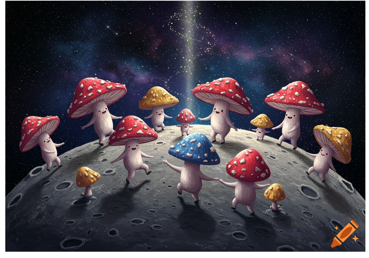 Happy cartoon mushrooms with red, yellow, and blue caps dancing on the moon under a starry sky with a light beam.
