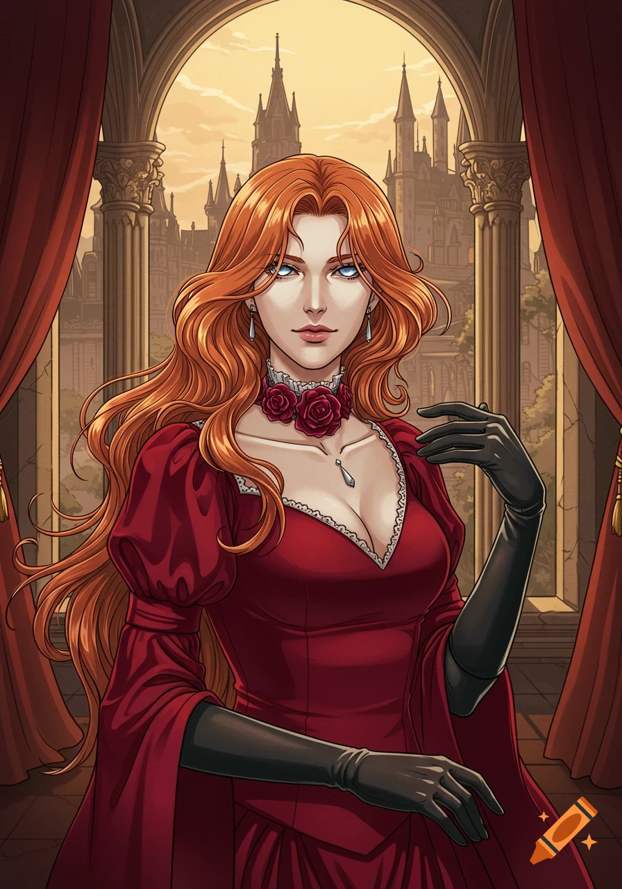 An anime illustration of a woman with long red hair, blue eyes, in a red dress, standing by a window with a castle outside.