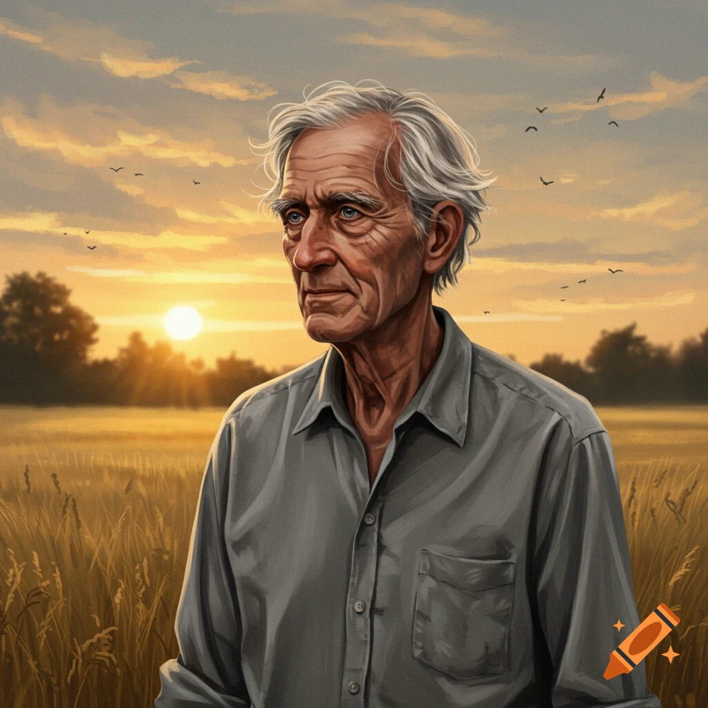 Digital painting of an elderly man with white hair in a gray shirt, standing in a golden wheat field at sunset.