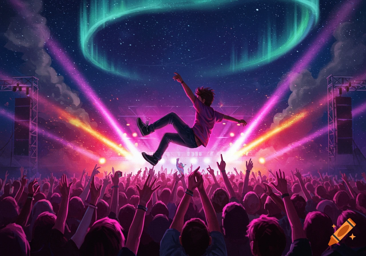 A person crowd-surfing above a cheering audience at a vibrant concert with colorful lights and a celestial sky.