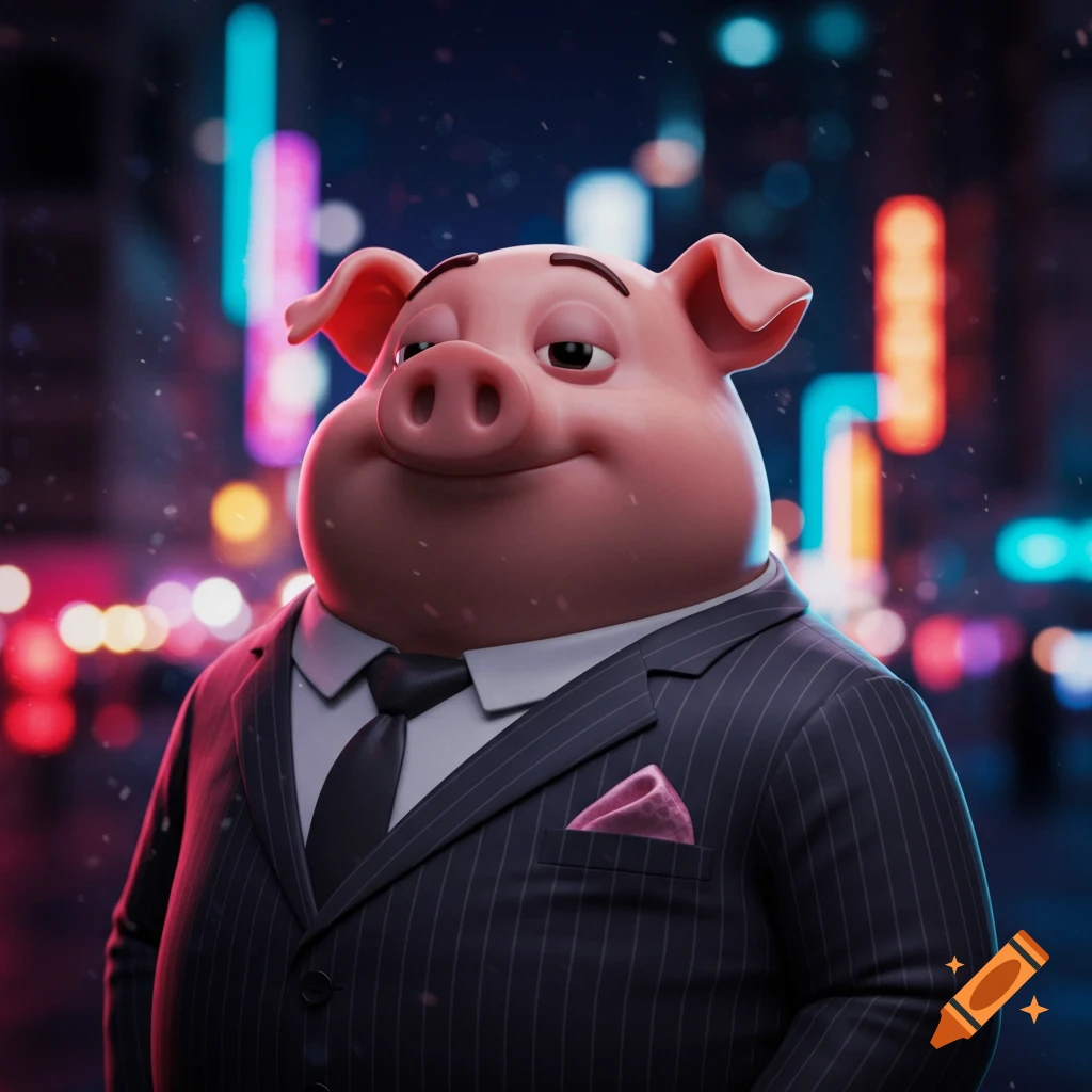 A confident-looking, cartoon pig in a pinstripe suit, white shirt, and black tie stands against a blurred city night background with neon lights.