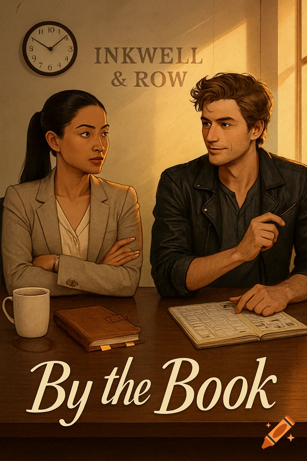 An illustration of a man and woman at an office table, illuminated by a warm light. Text reads 'INKWELL & ROW' and 'By the Book'.