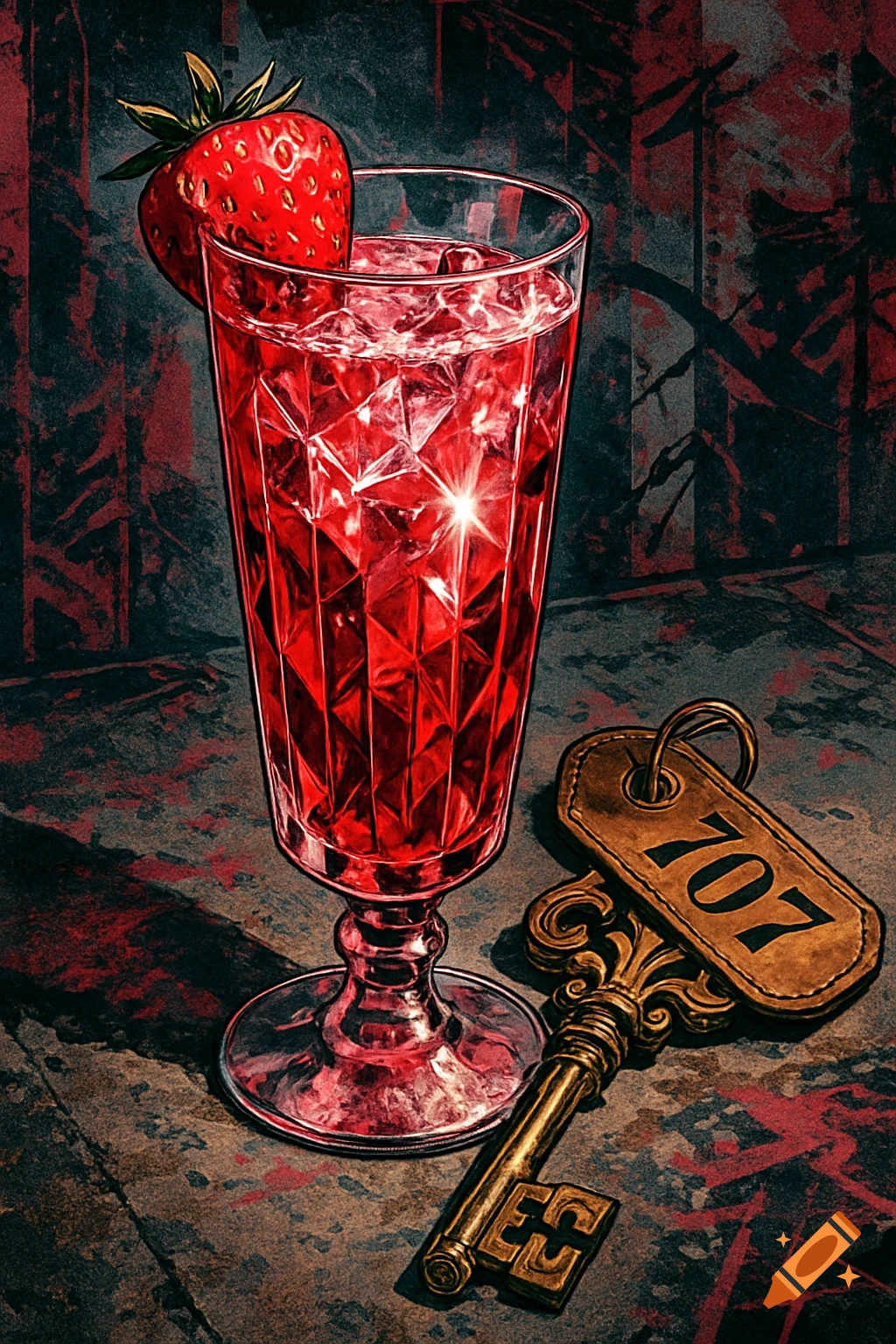 A stylized red drink with ice and a strawberry in a tall glass next to a vintage brass key with a leather tag reading "707", on a grunge background.