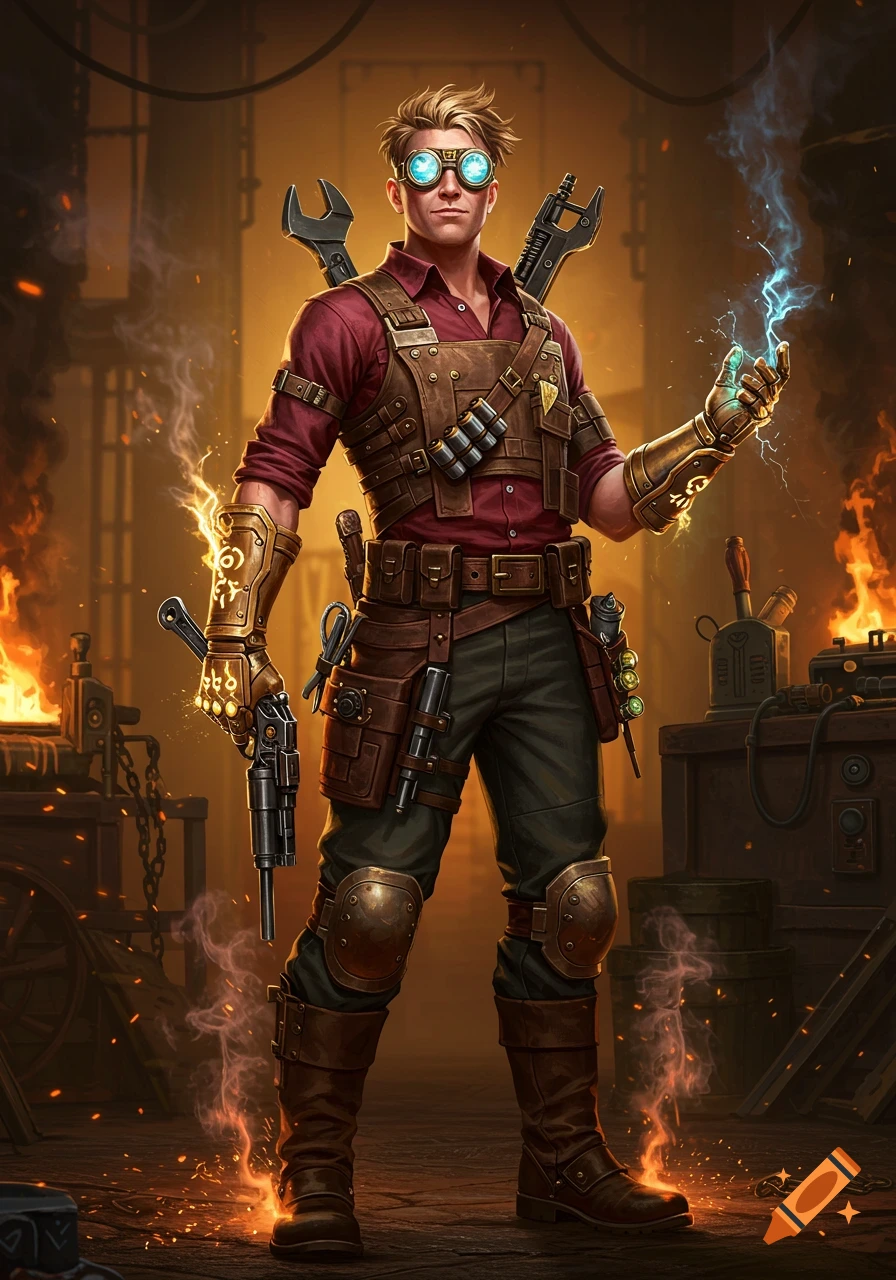 A determined steampunk alchemist stands in a smoky workshop, glowing goggles on, wearing a leather vest and gauntlets. He holds a wrench and crackling blue energy.
