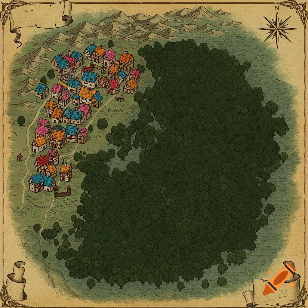 A hand-drawn fantasy map featuring a colorful village with pink, blue, and orange roofs, a large dark forest, and mountains.