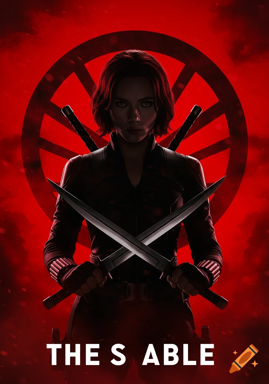A dramatic movie poster shows a woman resembling Black Widow, with short red hair and dark clothing, holding two crossed daggers. She stands against a red background with a large Black Widow symbol and mist effects, with the title "THE S ABLE" at the bottom.