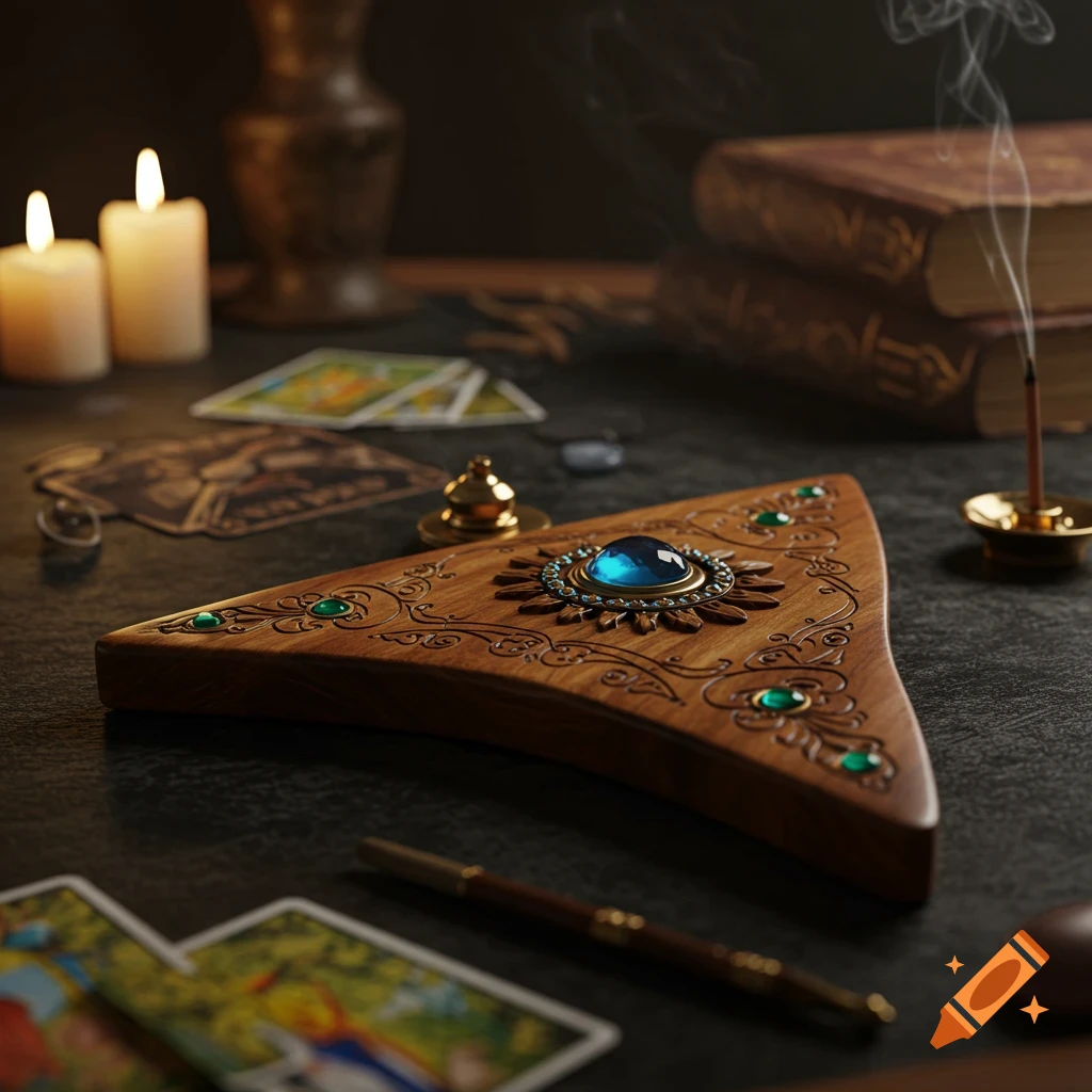 An ornate wooden planchette with a blue gem and green jewels rests on a dark table, surrounded by lit candles, tarot cards, old books, and wisps of incense smoke.