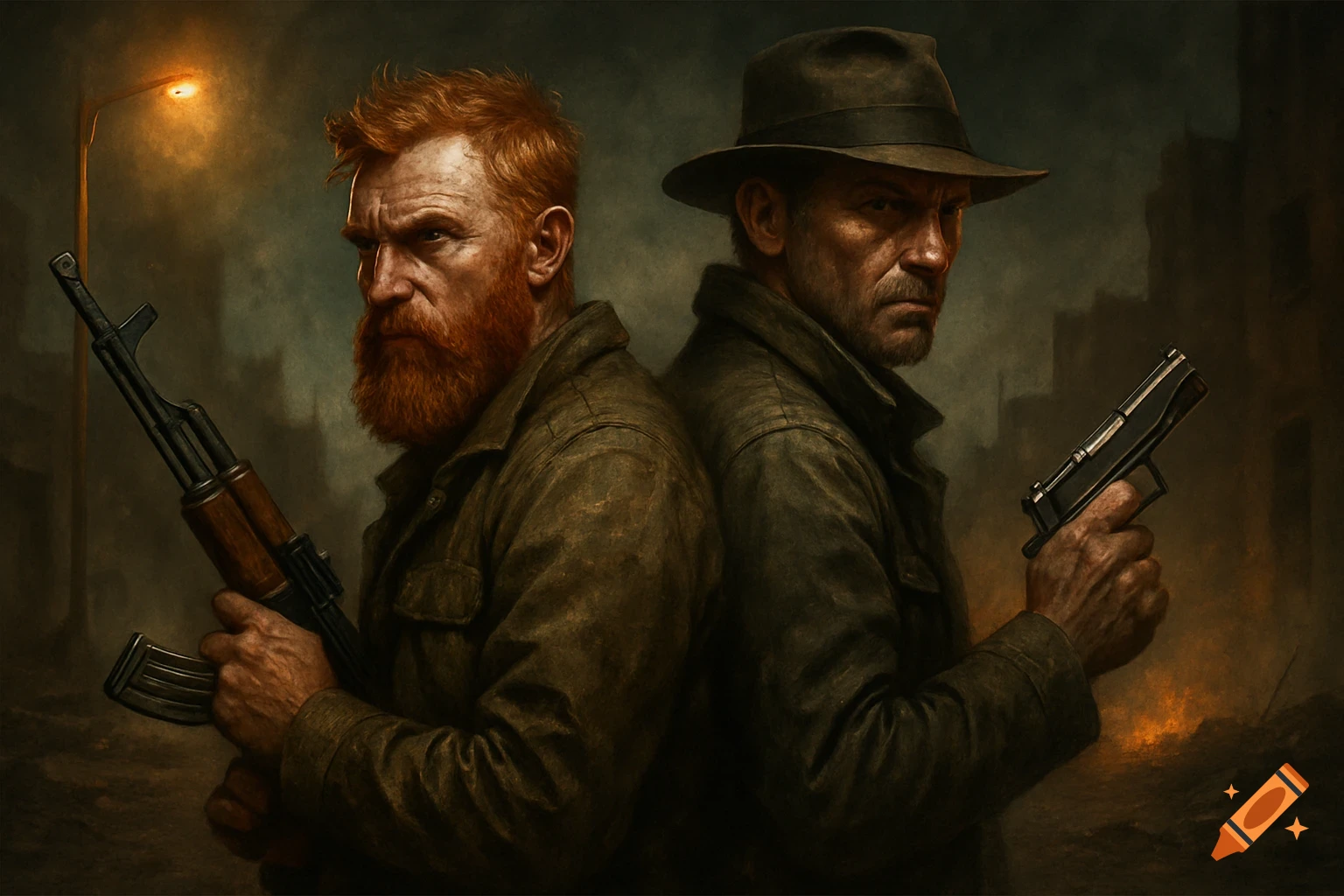 Two grizzled mercenaries stand back to back in a dark, gritty street scene. The man on the left has a red beard and holds an AK-47, while the man on the right wears a hat and holds a pistol.