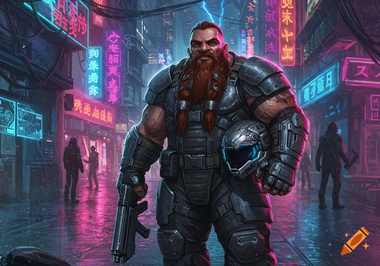 Armored male dwarf with a red beard holding a rifle and helmet on a rainy cyberpunk city street with neon signs. Digital art.