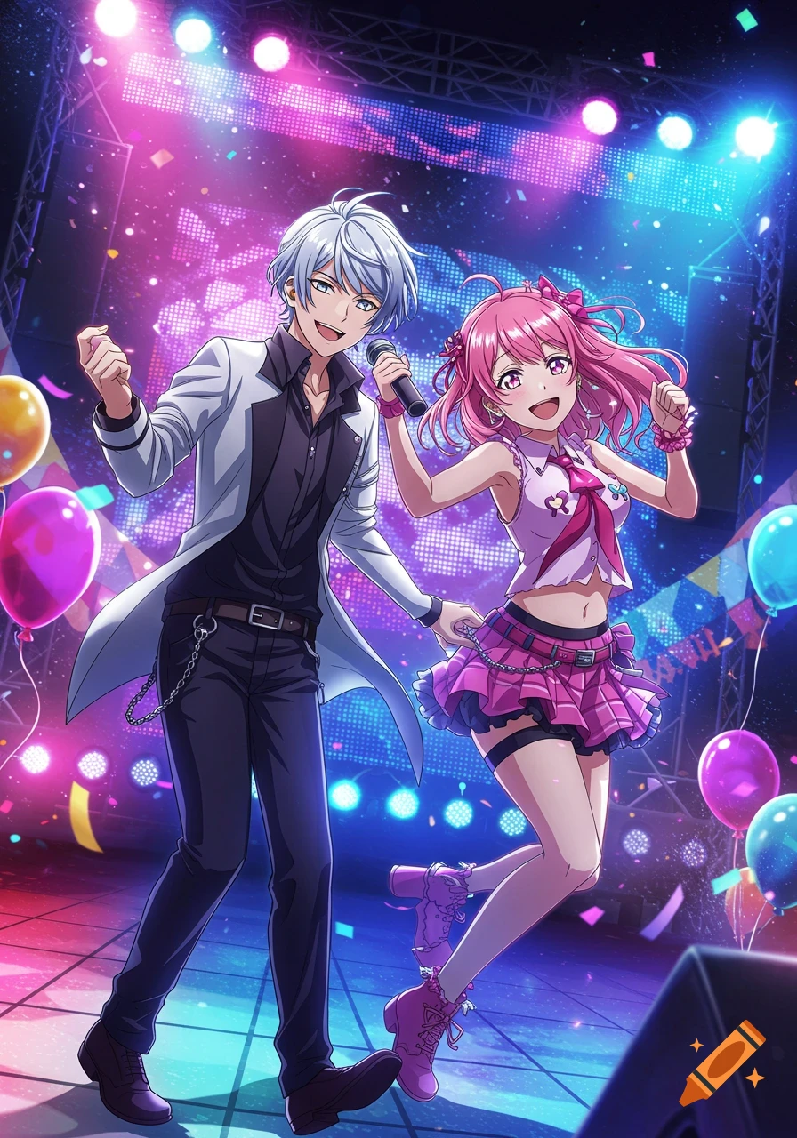 Anime illustration of a silver-haired man and a pink-haired woman performing on a colorful stage with balloons and confetti.
