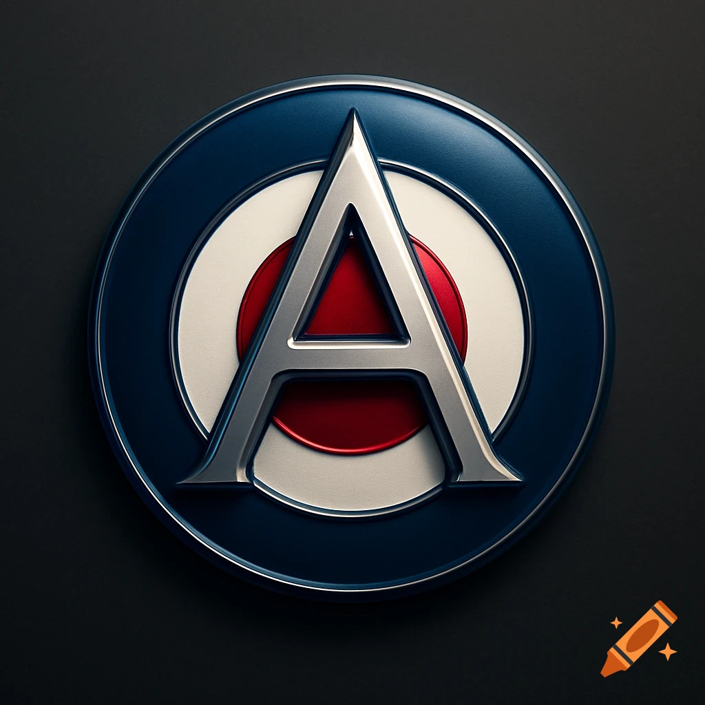 A metallic letter 'A' centered on a round emblem with dark blue, white, and red circles, presented with a shiny 3D render on a dark background.