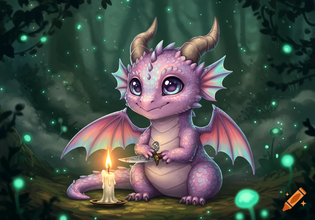 A cute purple baby dragon with large eyes sits in a dark forest, holding a small dagger next to a lit candle, surrounded by glowing blue mushrooms and fireflies.