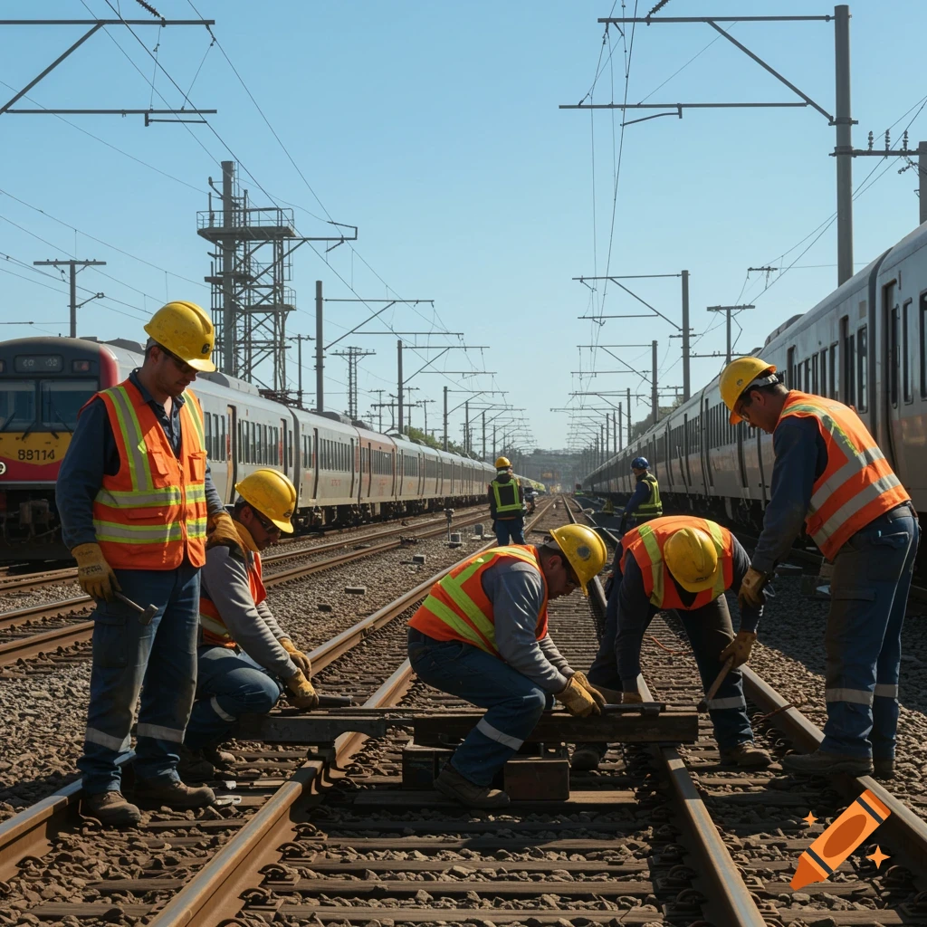 Photorealistic image of railway workers in safety gear repairing tracks, with trains on either side under a clear blue sky.