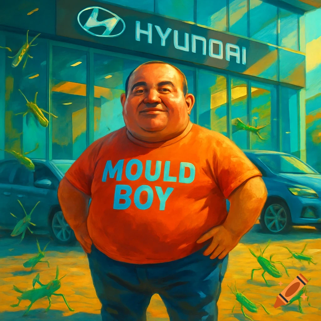 A chubby man in an orange 'MOULD BOY' shirt stands in front of a Hyundai dealership, surrounded by green crickets, in a painted style.