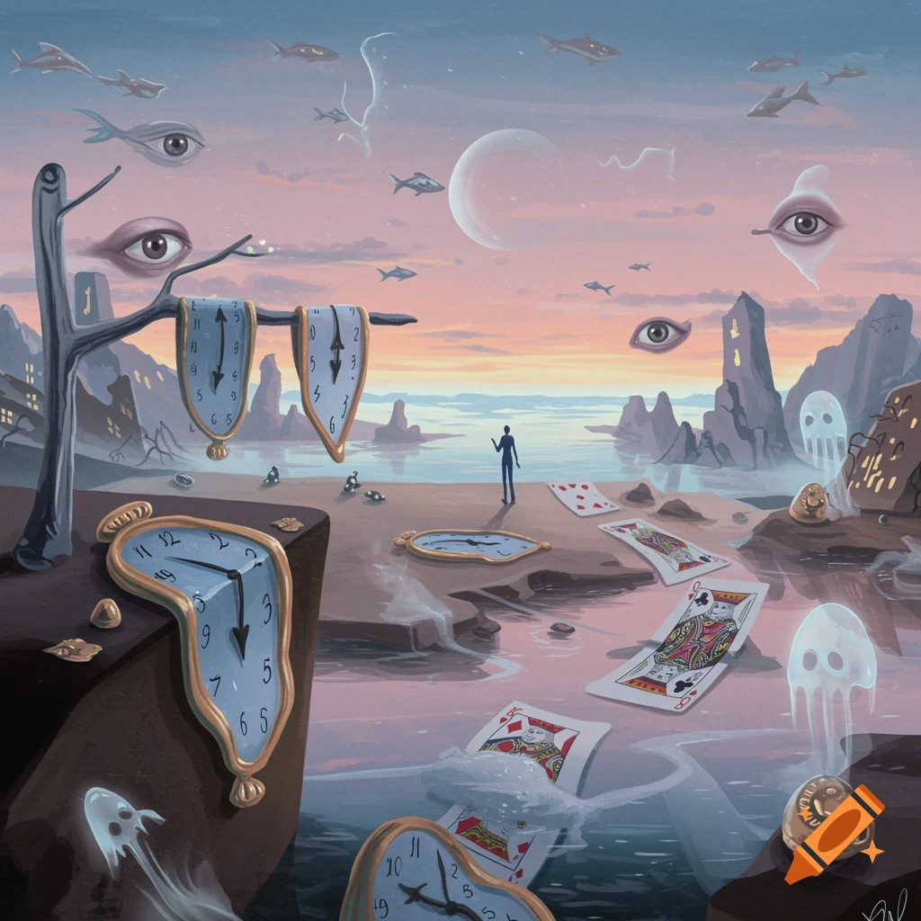 A surreal painting in the style of Salvador Dalí, featuring melting clocks draped over objects, floating eyes and fish in the sky, a lone figure on a shore, and playing cards scattered on the ground at sunset.