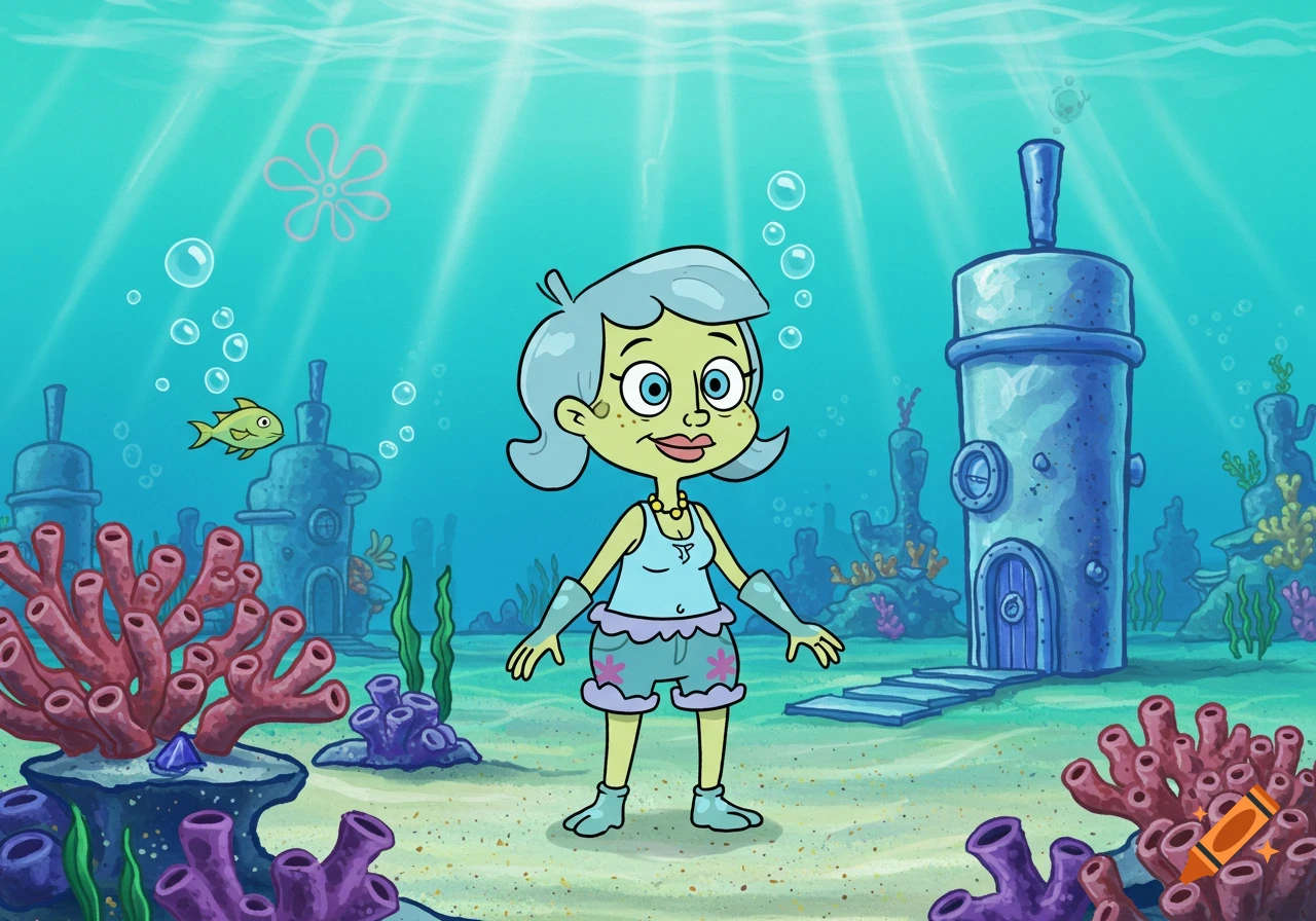 A cartoon character with light blue hair, blue eyes, and green skin, wearing a light blue top and patterned shorts, stands underwater in a SpongeBob-like setting.