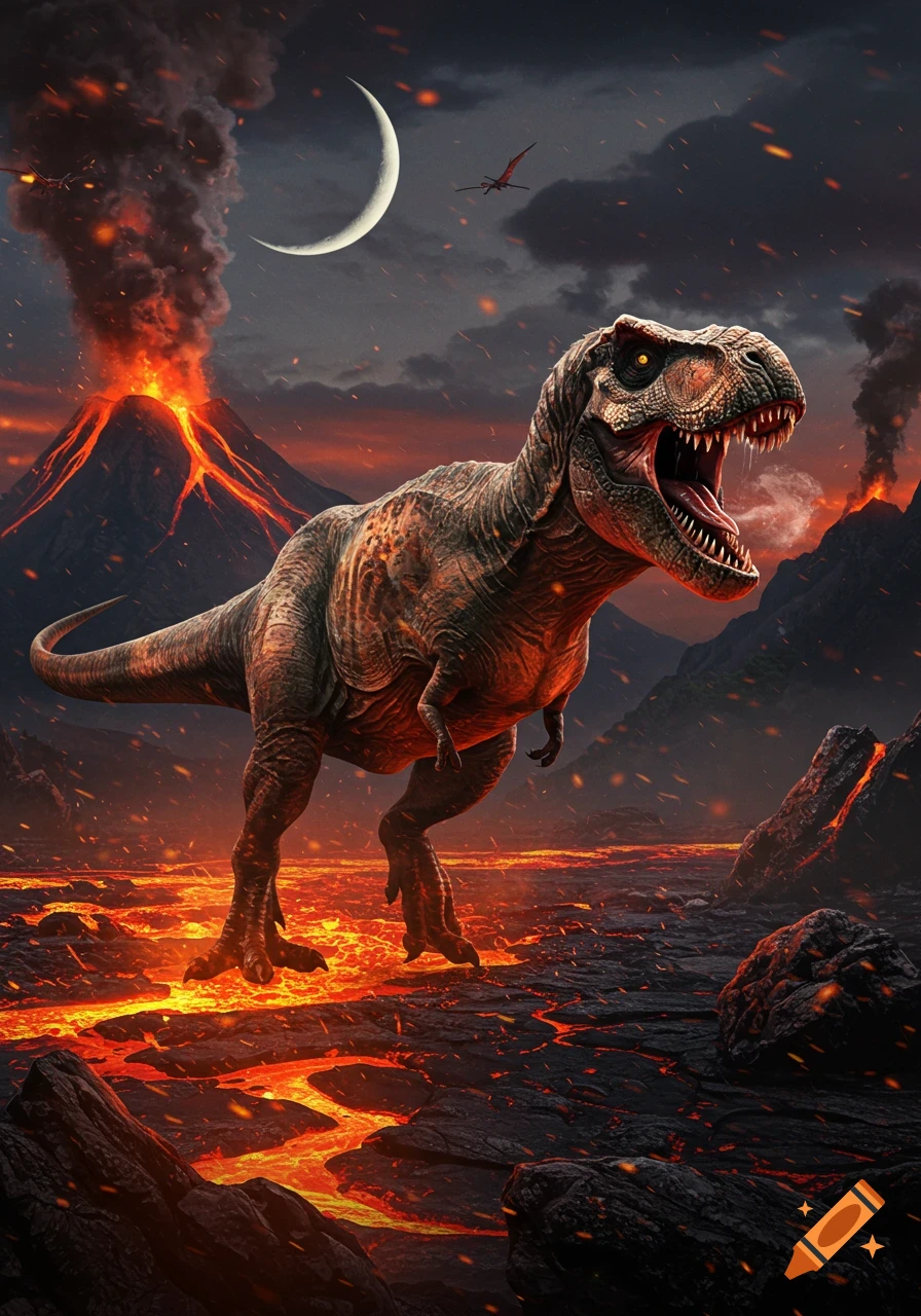 A photorealistic T-Rex roars in a dark, fiery volcanic landscape with flowing lava, smoke, and a crescent moon.