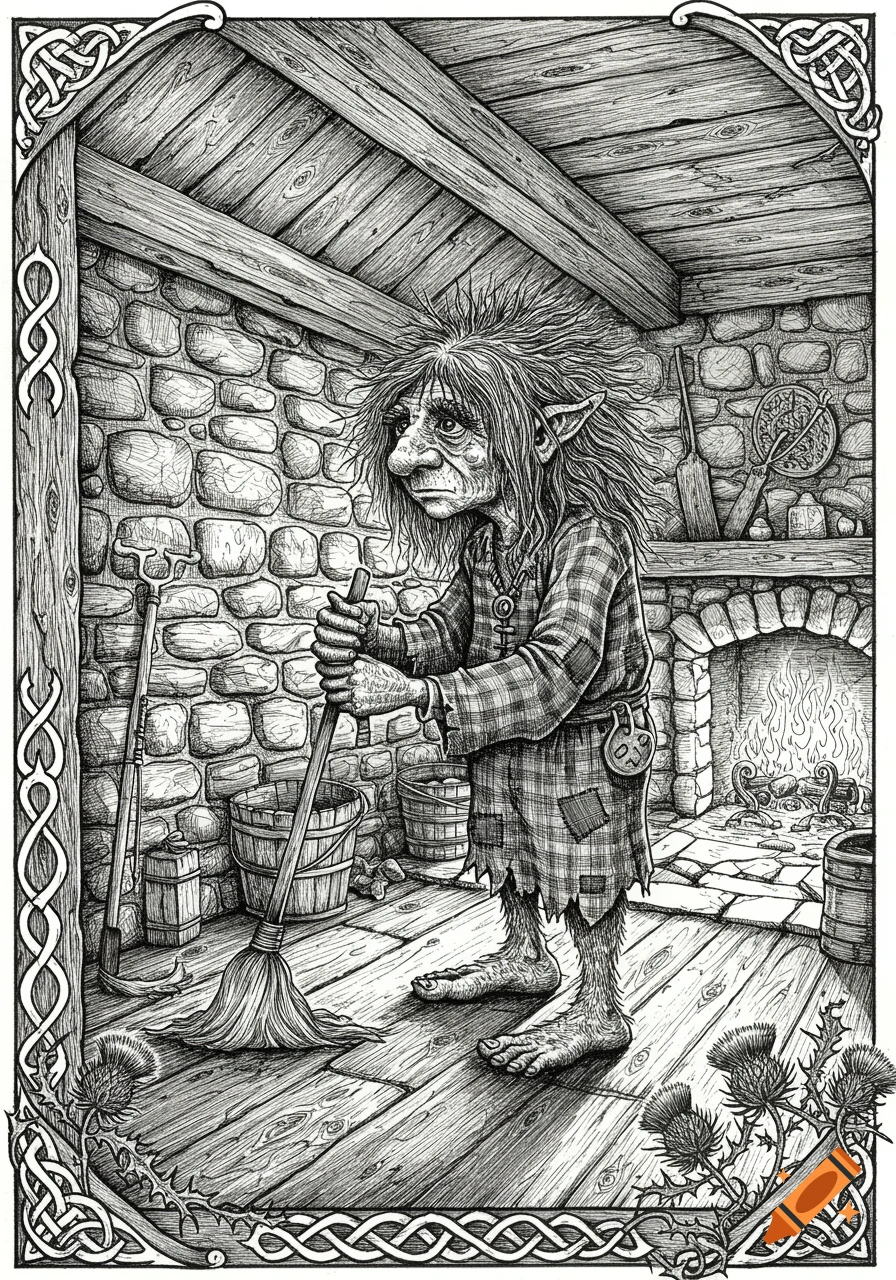 Black and white illustration of a hairy, goblin-like brownie sweeping a rustic stone and wood cottage room with a fireplace, framed by Celtic knots and thistles.