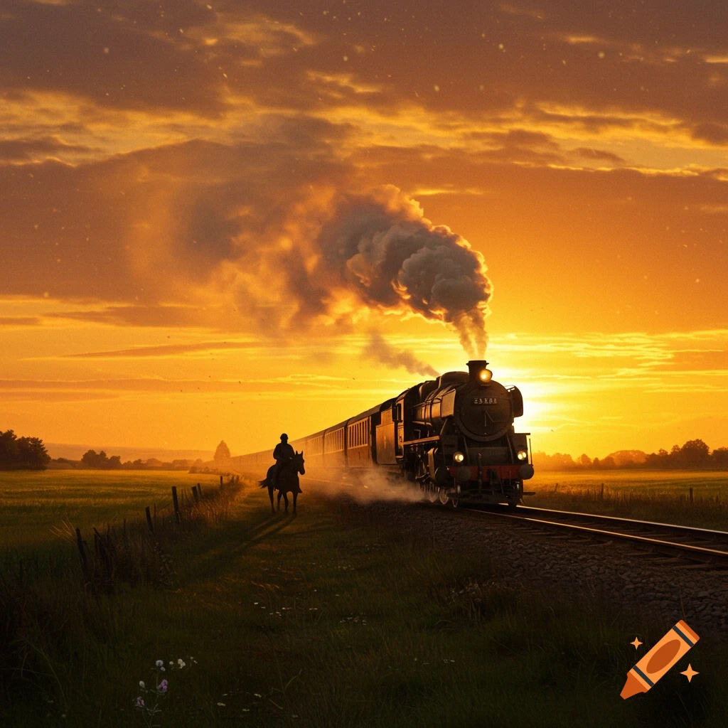 A photorealistic image of a steam train traveling through a field at sunset, with a silhouette of a horse and rider beside the tracks.