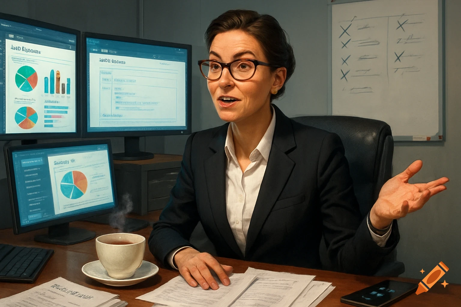 A sharp-dressed woman in a modern office, mid-conversation, gesturing confidently. She is surrounded by multiple screens, a cup of tea, and papers.