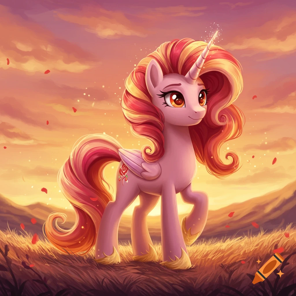 A pink unicorn with fiery red and gold mane and tail stands in a grassy field at sunset.