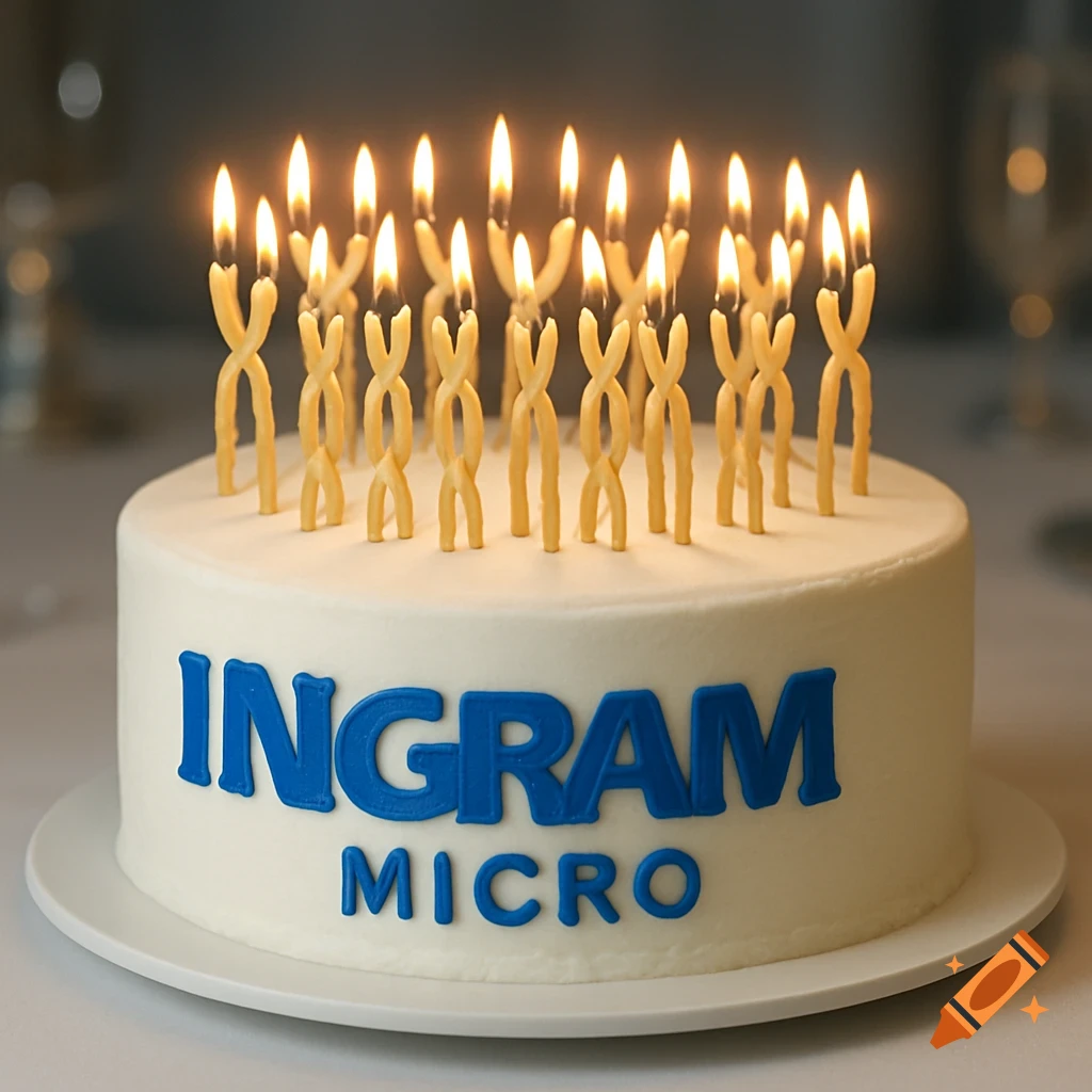A white circular cake with "INGRAM MICRO" in blue icing on its side, topped with many lighted candles shaped like chromosome pairs.