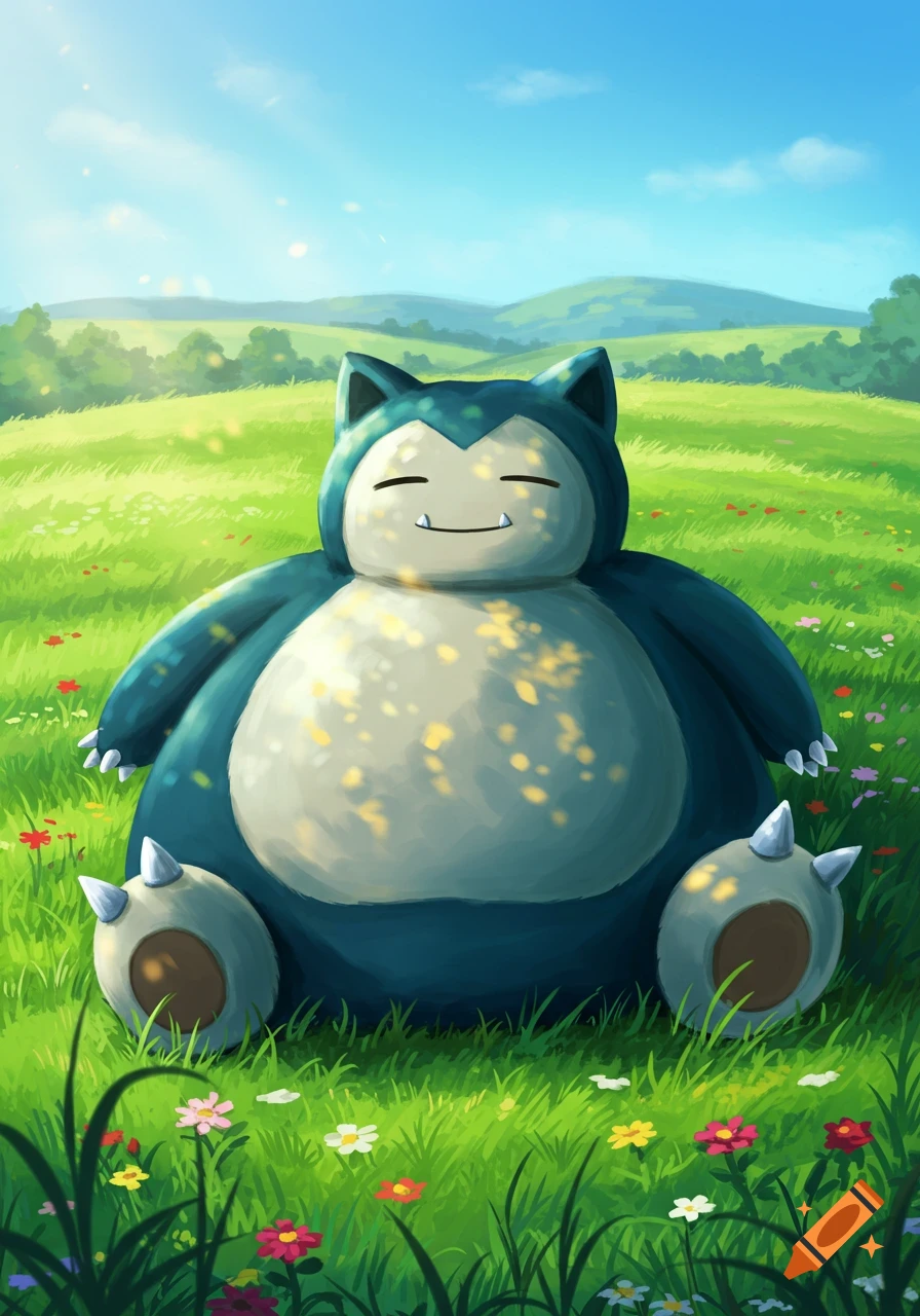 A happy Snorlax sits in a vibrant green field filled with colorful flowers under a sunny blue sky.