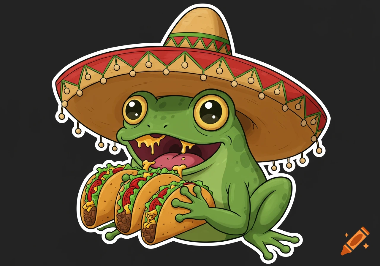 Cartoon frog in a sombrero eating tacos, sticker style.