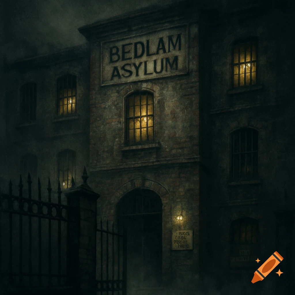 A dark, eerie building with the sign "BEDLAM ASYLUM" above the entrance. The windows glow with yellow light, and a rusted iron gate stands in front. The scene is atmospheric and spooky.