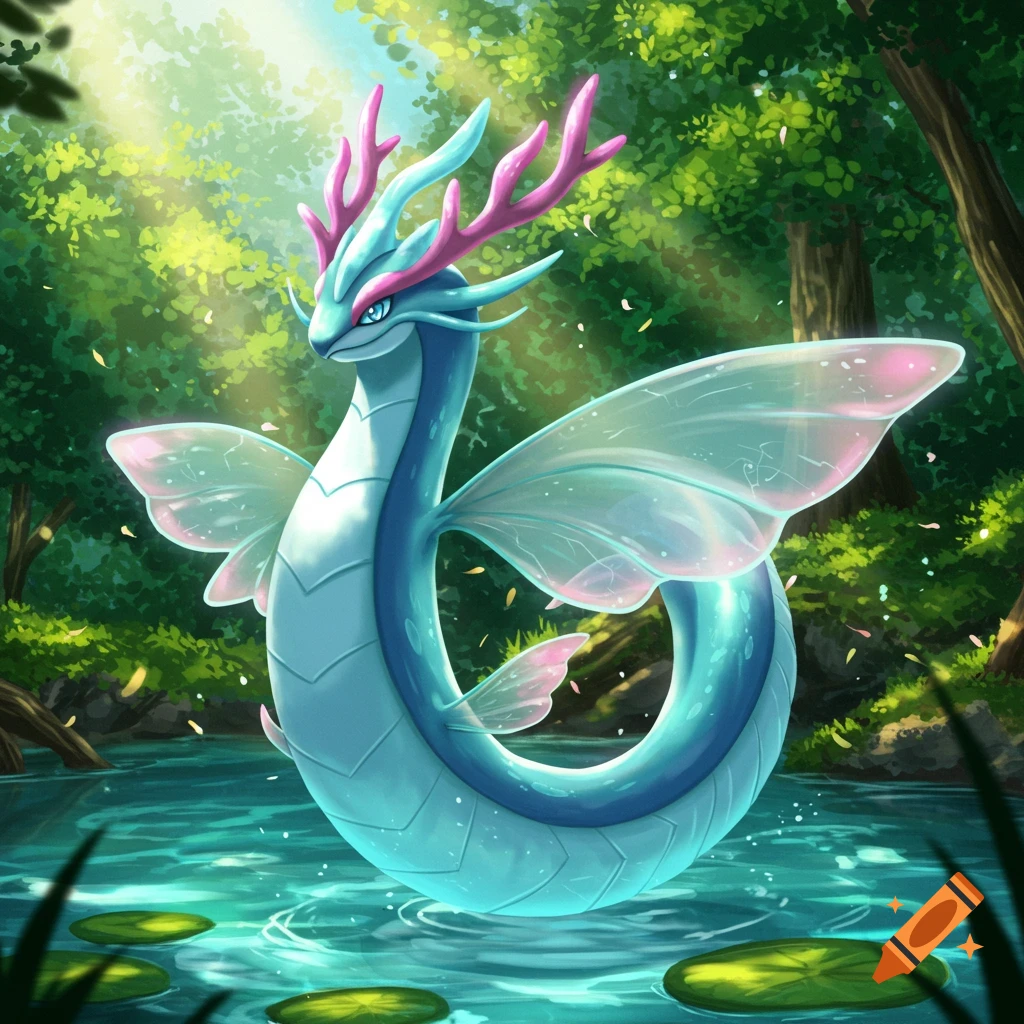 A light blue dragon-like creature with pink antlers and fairy wings in a sunlit forest pond, in a vibrant art style.