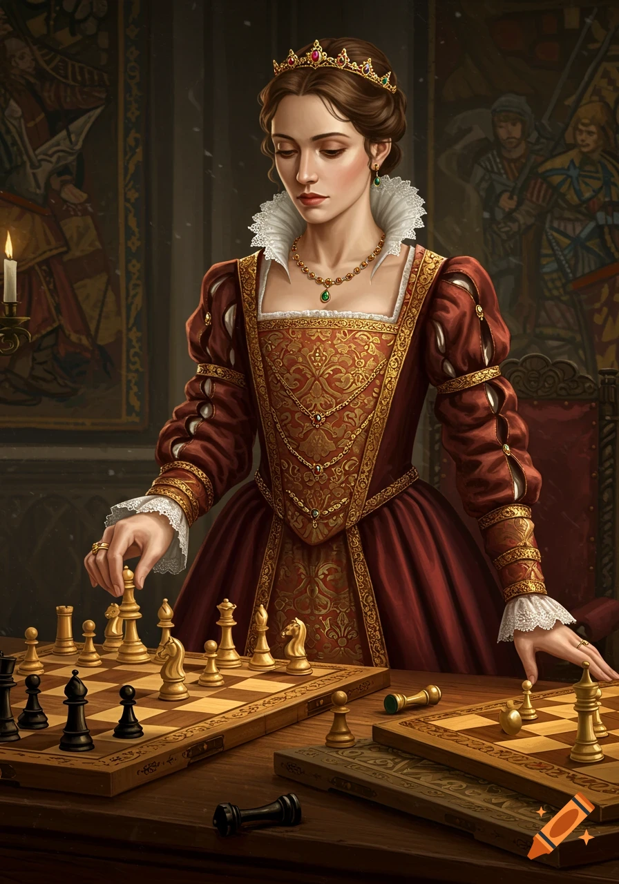 A woman in an elaborate Tudor gown with a crown plays chess, reaching for a white bishop on a wooden board.