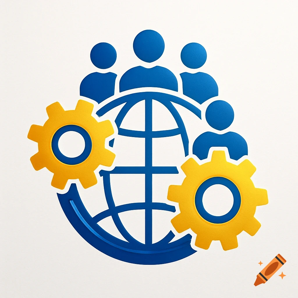 A logo featuring a blue globe, four blue human silhouettes, and two yellow gears, against a white background.