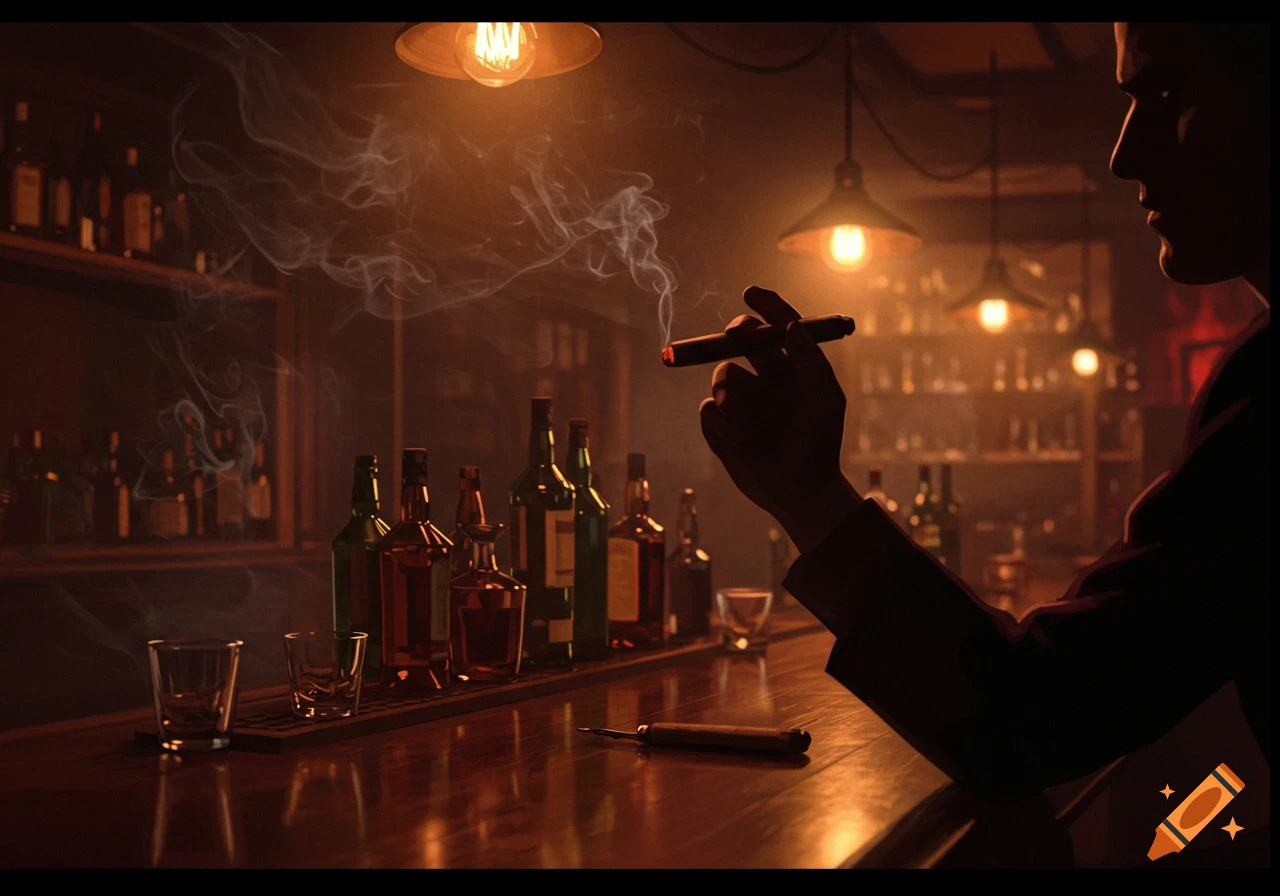 A man in silhouette holding a lit cigar, smoke curling around him in a dimly lit bar with bottles and glasses on the counter.