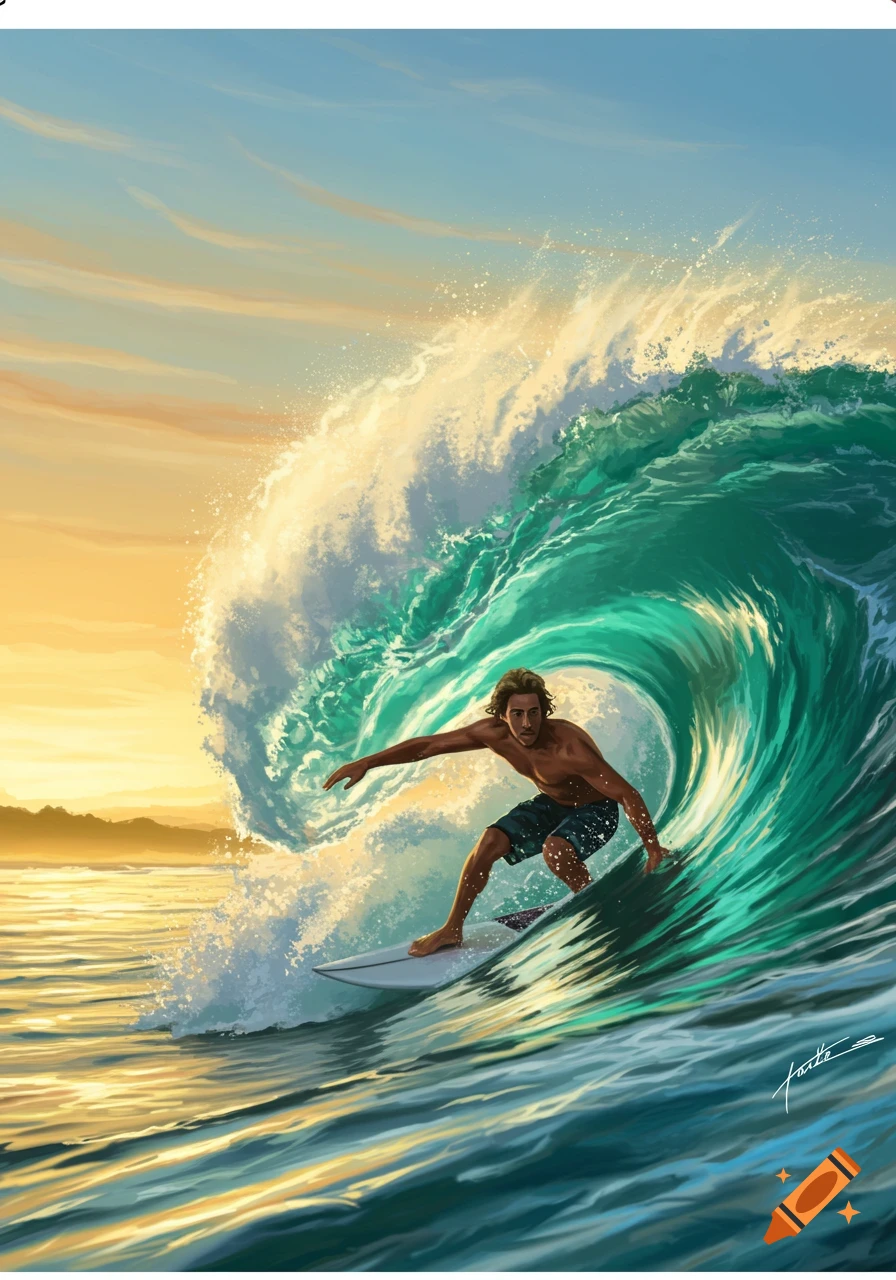 An illustration of a male surfer skillfully riding a large, clear green wave with a golden sunset in the background.