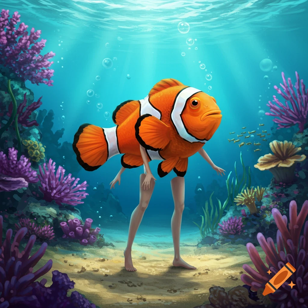 A clown fish with human legs and arms stands on the ocean floor among coral and anemones, with light filtering from the surface.