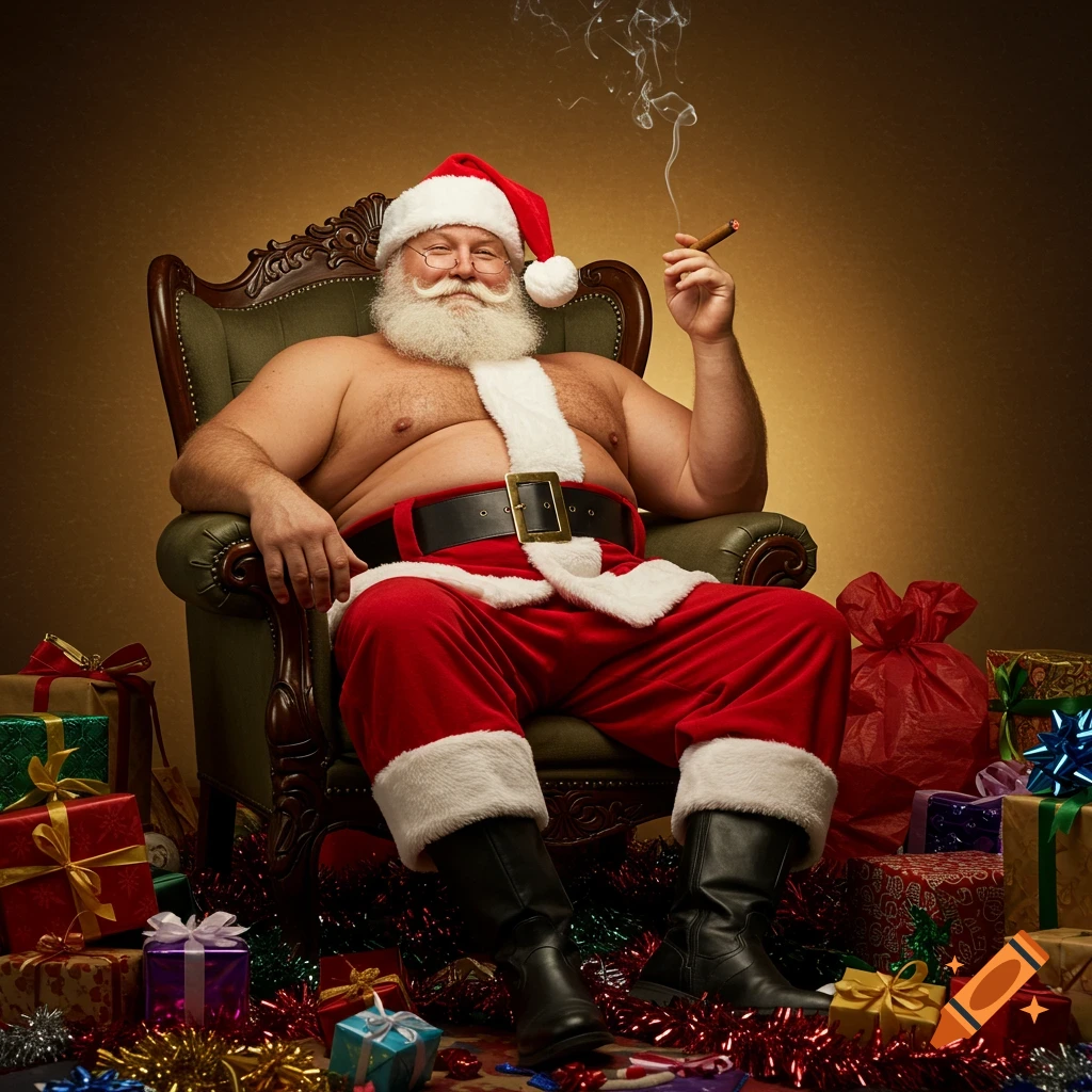 Shirtless Santa Claus sitting in a chair, smoking a cigar, surrounded by Christmas presents in a photorealistic style.