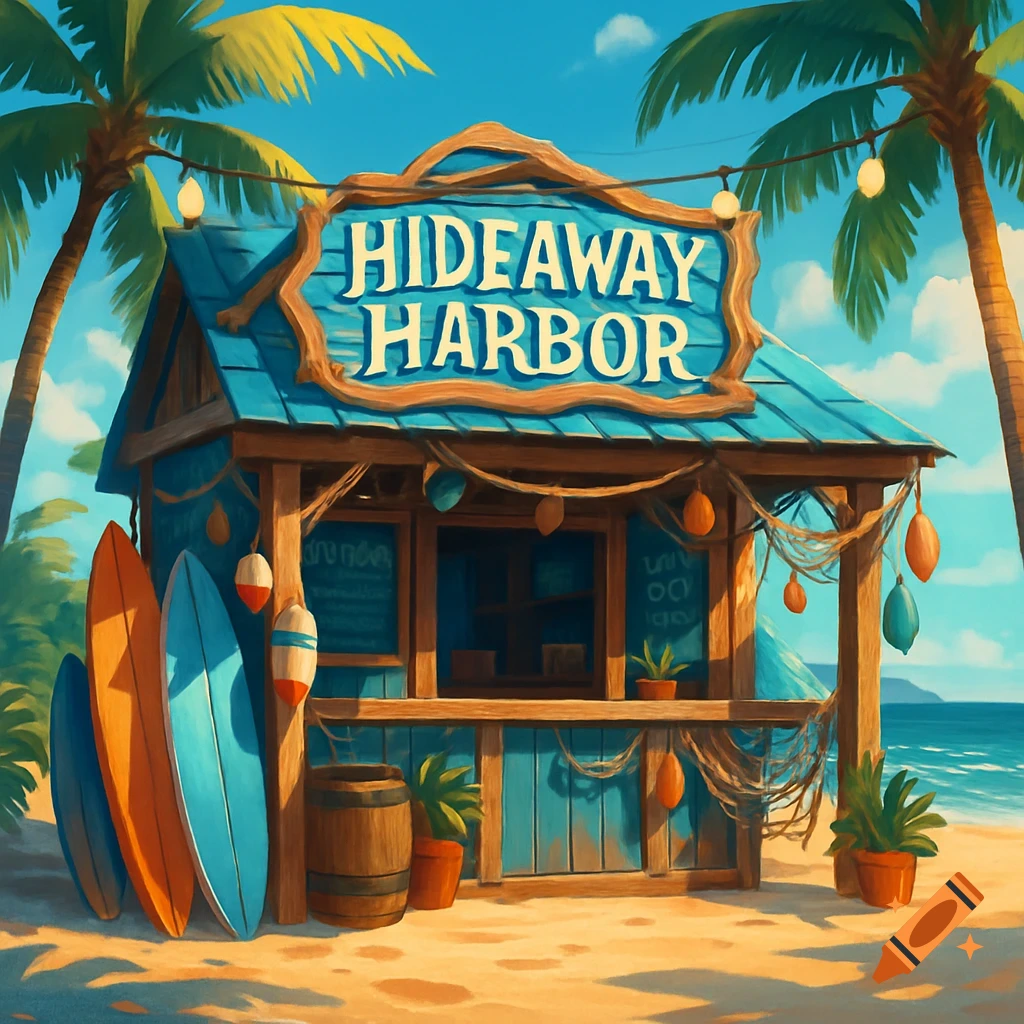A colorful, cartoon-style illustration of 'Hideaway Harbor' snack shack on a sunny beach with palm trees and surfboards.