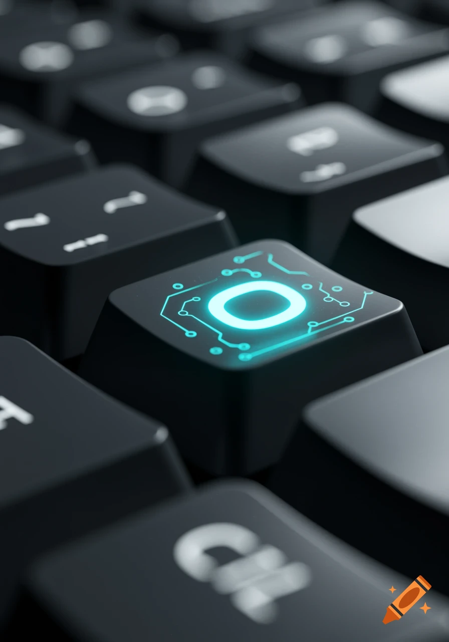 A close-up, high-angle shot of a black computer keyboard, with the letter 'O' key glowing blue with circuit patterns.