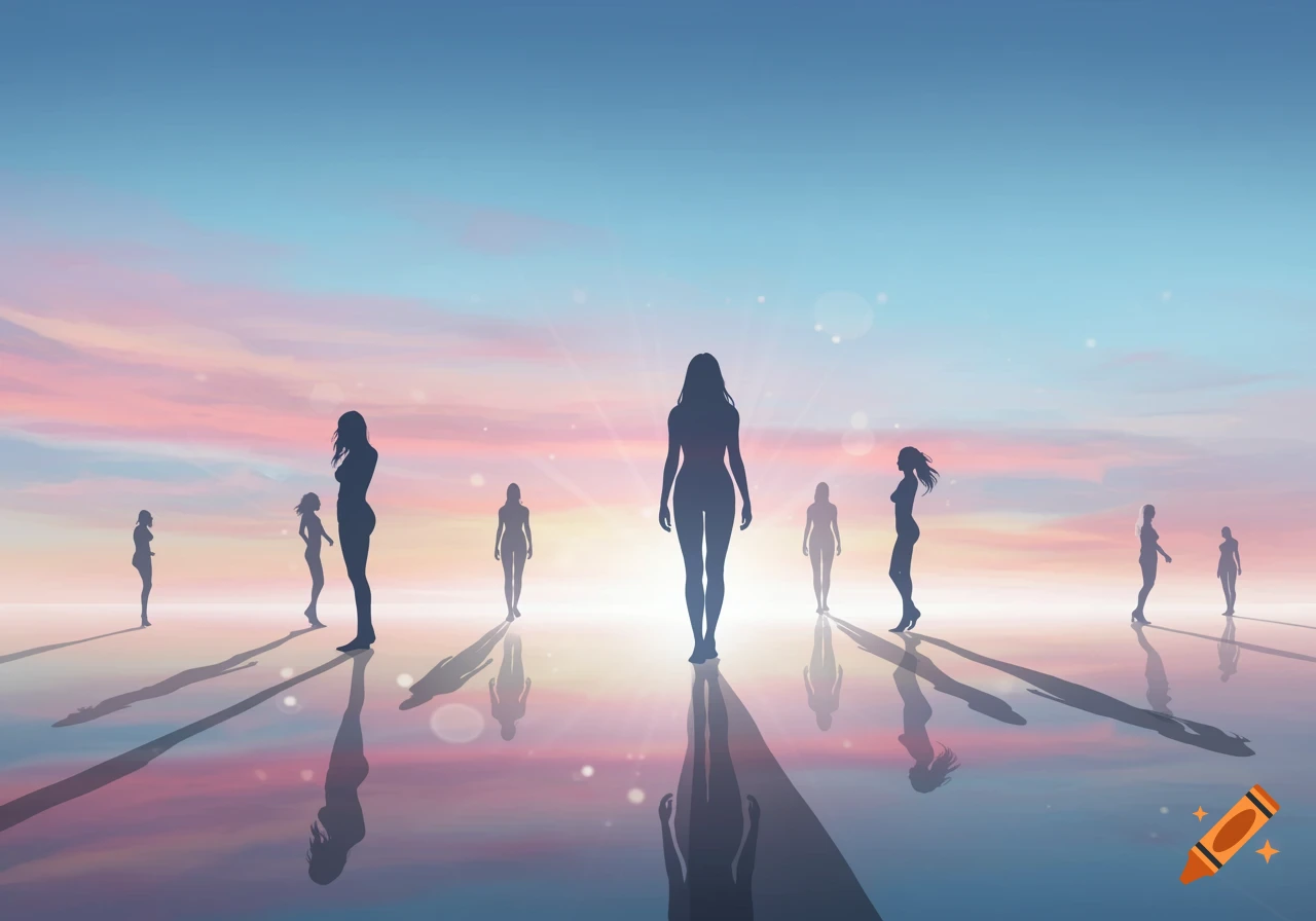 Stylized silhouettes of multiple female figures on a reflective surface at sunset, casting long shadows under a pastel sky.