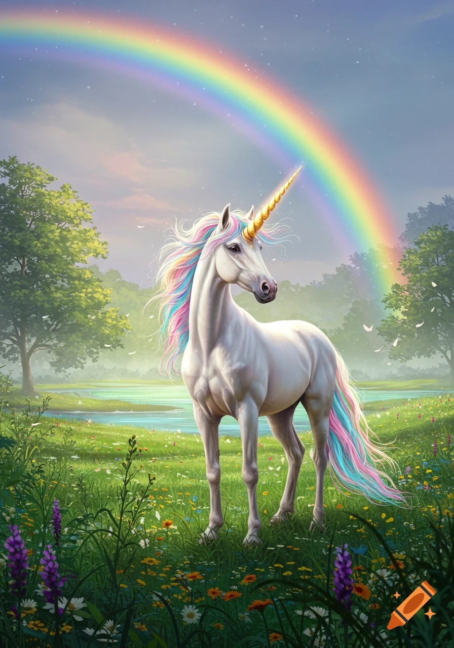 A white unicorn with a rainbow mane and tail stands in a vibrant green meadow with wildflowers and a lake under a bright sky with a rainbow.