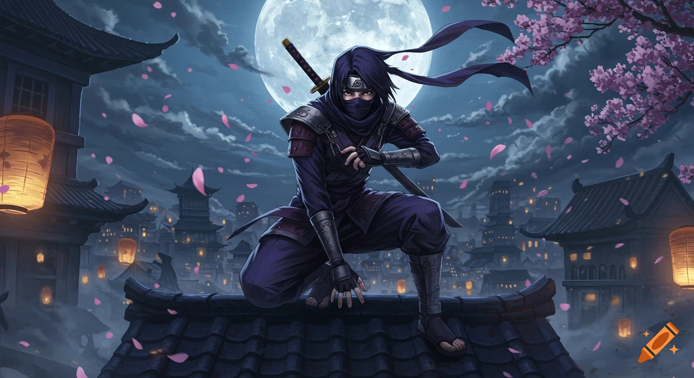 Anime ninja crouching on a Japanese rooftop at night under a full moon, with cherry blossoms and a townscape below.