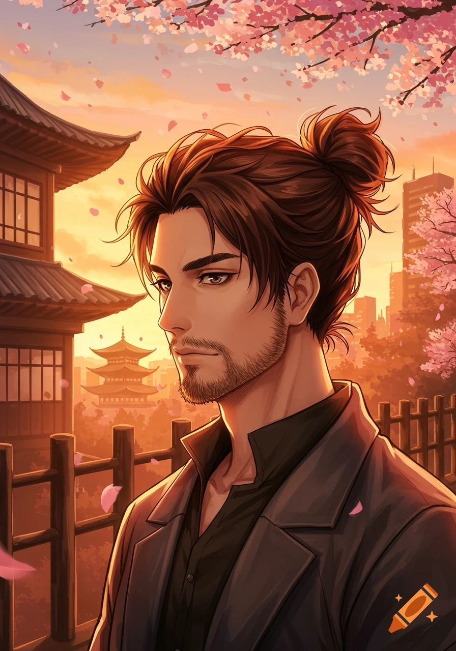 Anime man with a beard and top bun, in a Japanese setting with cherry blossoms at sunset.