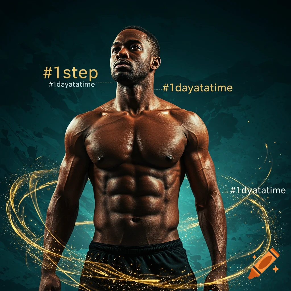 A photorealistic image of a muscular Black man with visible abs, looking upward, against a dark background with golden light effects and motivational text.