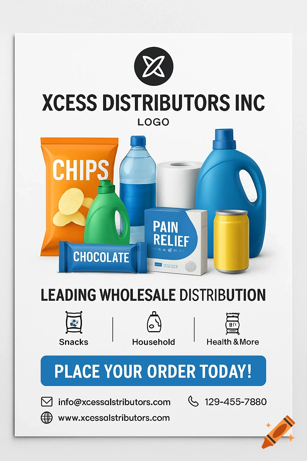 A promotional flyer for Xcess Distributors Inc, showing various products like chips, chocolate, pain relief, and household items against a white background.