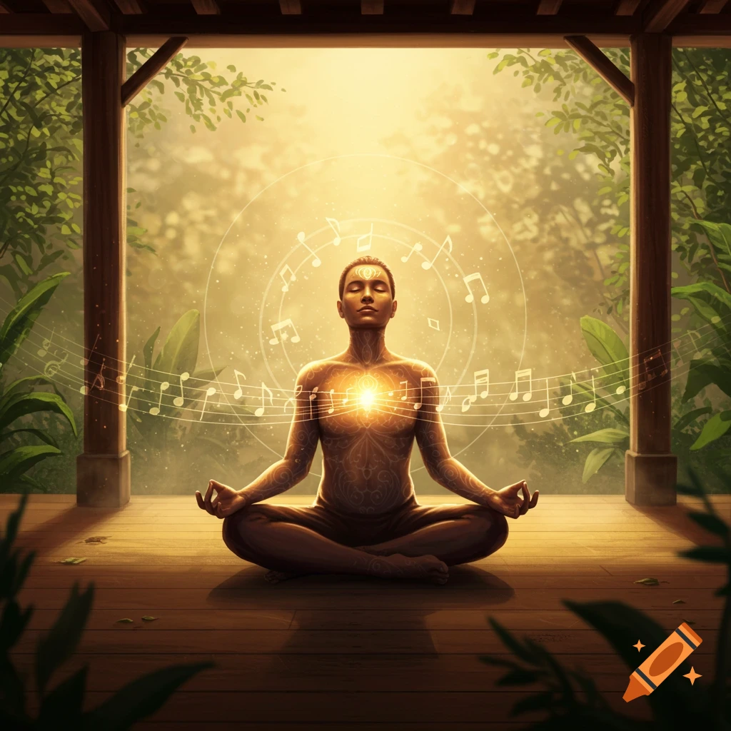 A person meditating in a yoga pose under a wooden canopy in a lush green setting, surrounded by golden light and floating musical notes.