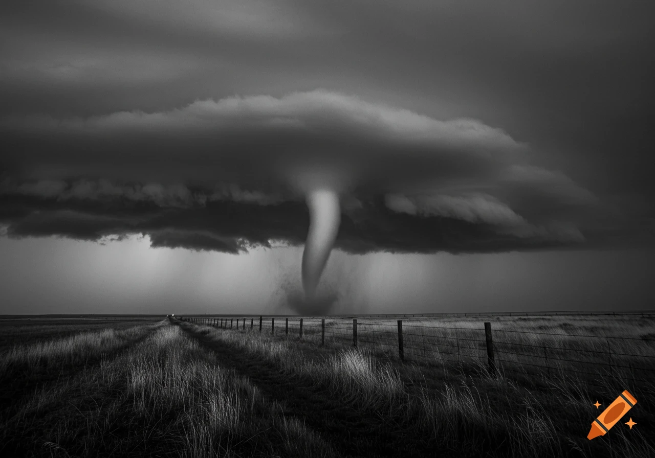 A black and white photorealistic image of a powerful tornado descending from dark storm clouds over a vast, grassy field with a fence.