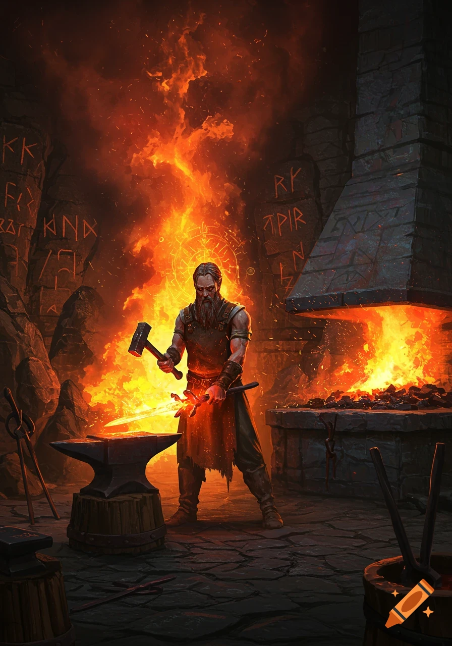 A bearded blacksmith hammers a glowing sword on an anvil in a fiery forge, surrounded by carved stone walls.