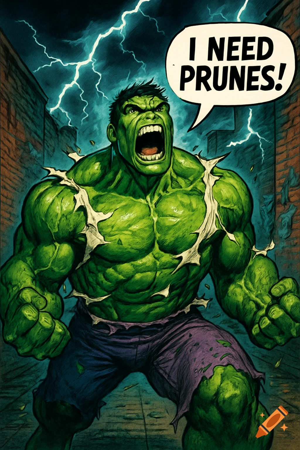 The Hulk, in a comic book art style, screams "I NEED PRUNES!" from a speech bubble as he tears his shirt, with lightning in the background.