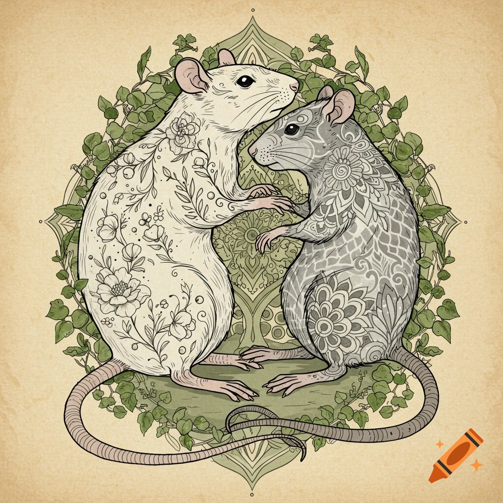Two stylized rats with intricate floral patterns embrace, set against a decorative green and beige background in a detailed illustration.