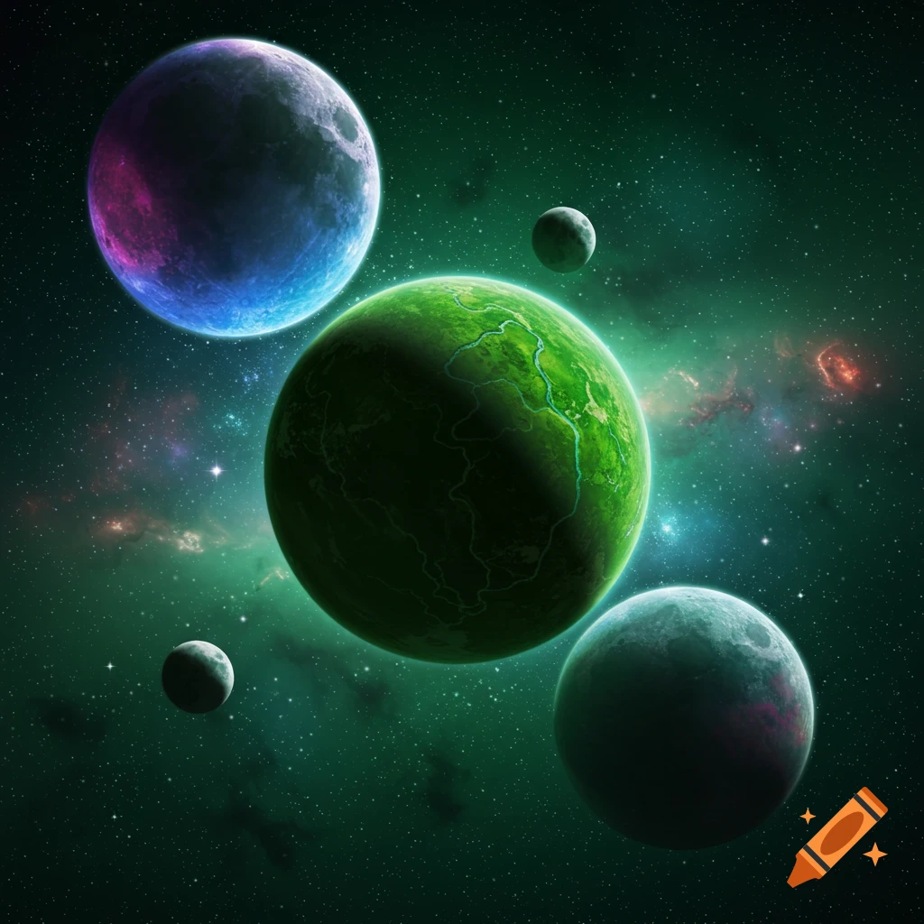 A large green planet with a glowing blue and purple planet and two smaller moons against a vibrant green and starry cosmic background.